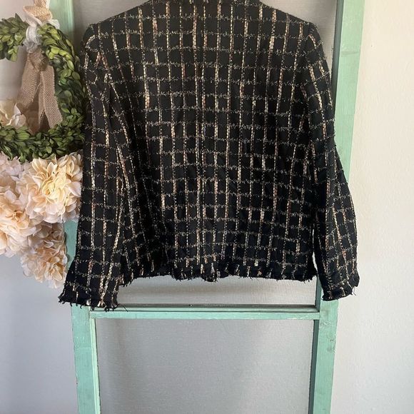 Alice + Olivia Black Tweed Frayed Metallic Detail Button Down Blazer Jacket Lg - Picture 3 of 8
